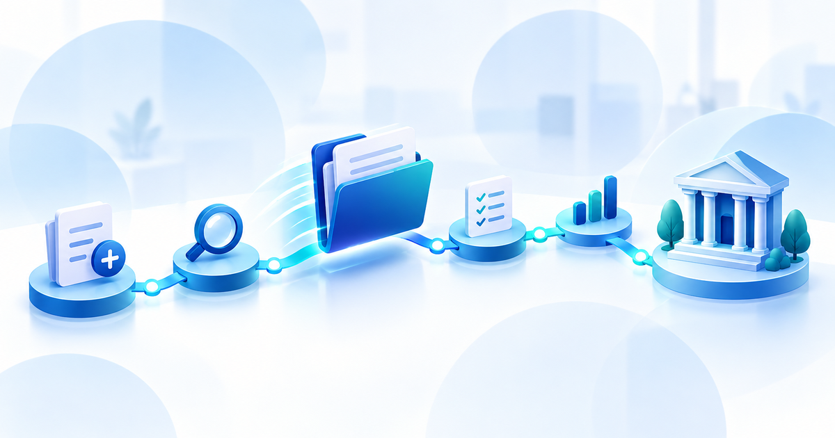 Illustration of a mortgage file moving through connected workflow stages