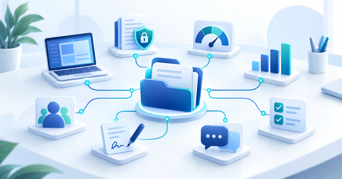 Illustration of connected software tools on a mortgage broker's desk